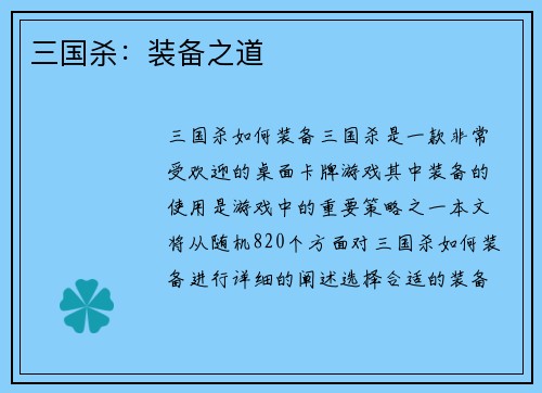 三国杀：装备之道